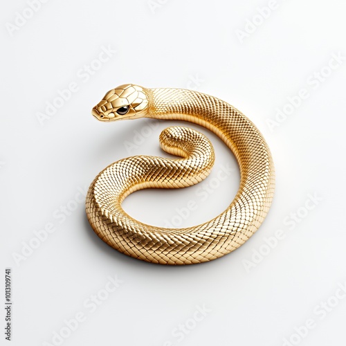 A golden snake curled up on a white background.