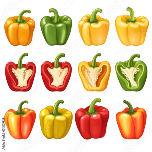 Sliced Bell Peppers, Vector Illustration, Isolated on White Background, Food and Cooking Concept

