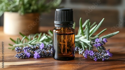 Herbal essential oils diffusing into a room, with lavender and rosemary sprigs nearby