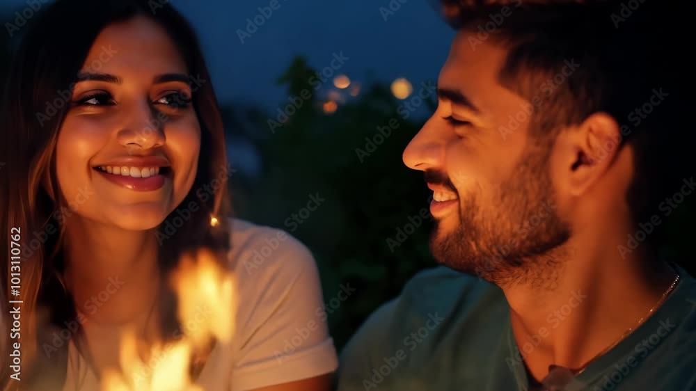 Romantic evening around a campfire with smiling couple Romantic evening around a campfire with smiling couple