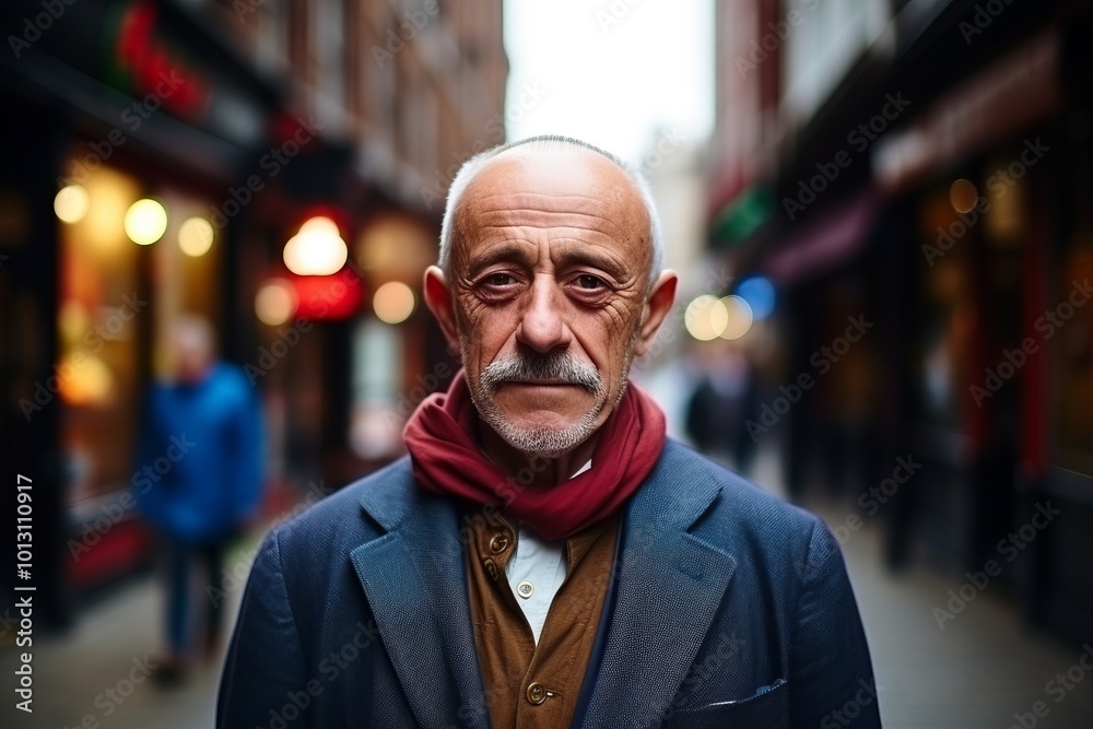 Portrait of a senior man in a city street, looking at camera. Portrait of a senior man in a city street, looking at camera.