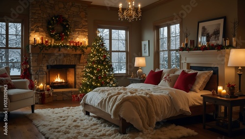 Winter room filled with holiday cheer and soft lighting.