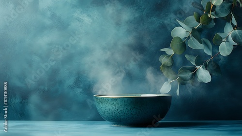 Herbal steam inhalation setup with fresh eucalyptus leaves and a ceramic bowl
