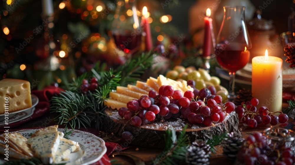 Festive cheese and grape platter with red wine, candles, and holiday decor on a table, creating a warm and inviting atmosphere. Festive cheese and grape platter with red wine, candles, and holiday decor on a table, creating a warm and inviting atmosphere.