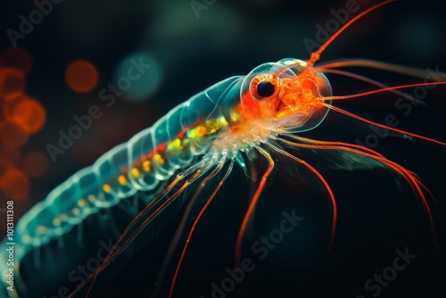 Mystic portrait of Ctenophores Zooplankton, copy space on right side, Close-up View, isolated on black background photo