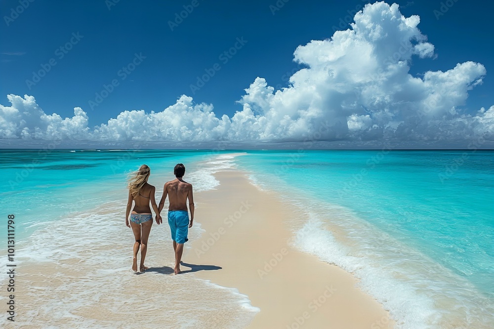 Happy Young Couple Walking Hand in Hand on a Stunning Tropical Beach Together Enjoying Life Happy Young Couple Walking Hand in Hand on a Stunning Tropical Beach Together Enjoying Life