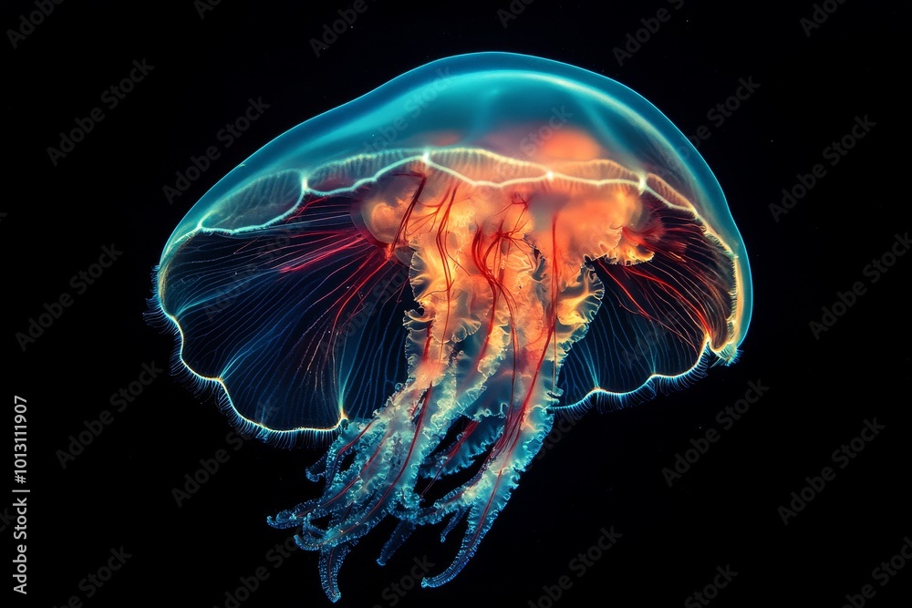 Mystic portrait of Jellyfish Medusae Zooplankton, copy space on right side, Close-up View, isolated on black background Mystic portrait of Jellyfish Medusae Zooplankton, copy space on right side, Close-up View, isolated on black background