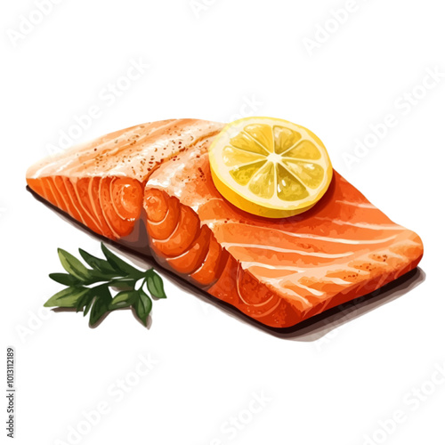 Salmon Fillet with Lemon, Vector Illustration, Isolated on White Background, Seafood and Culinary Concept

