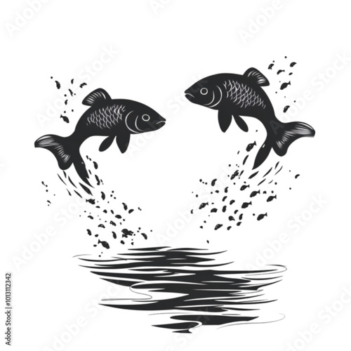 River with Jumping Fish Silhouette, Minimalist Vector Illustration, Isolated on White Background, Nature and Wildlife Concept

