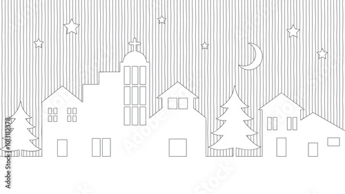 Town road at night outline drawing vector, neighborgood house buildings and church under the moonlight line art, 