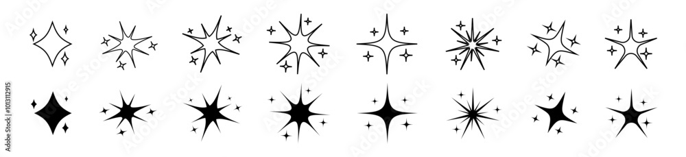 Black sparkle set. Signs of shining and twinkling start. Space minimalistic icons outline. Black sparkle set. Signs of shining and twinkling start. Space minimalistic icons outline.