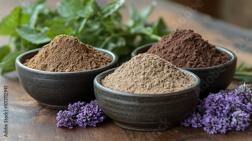 Traditional herbal powders like neem and sandalwood in ceramic bowls, with fresh herbs beside them photo