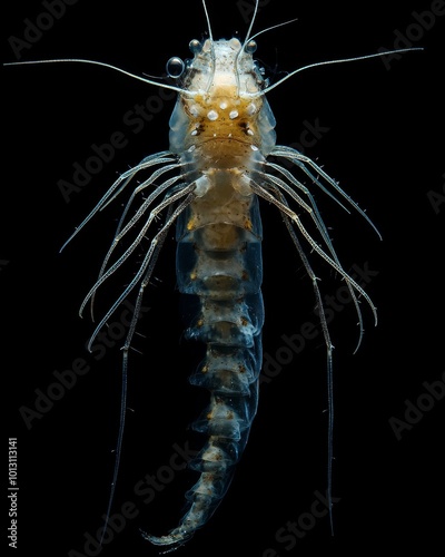 the Bacteroidetes Bacterioplankton, portrait view, white copy space on right, Isolated on black Background photo