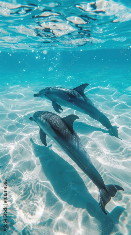 Obraz premium Playful dolphins swimming in clear blue waters, 4K hyperrealistic photo.