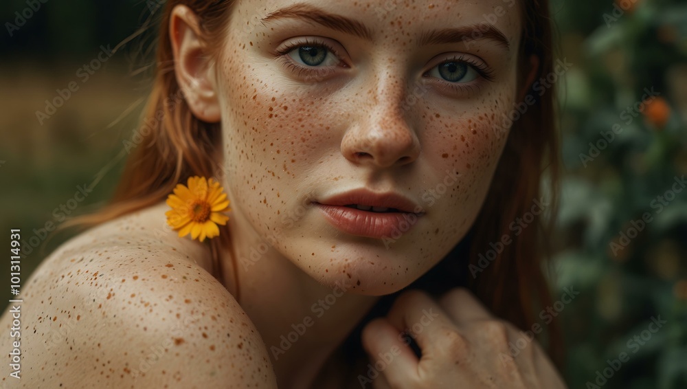Woman with freckles and a flower near her shoulder, warm tones. Woman with freckles and a flower near her shoulder, warm tones.
