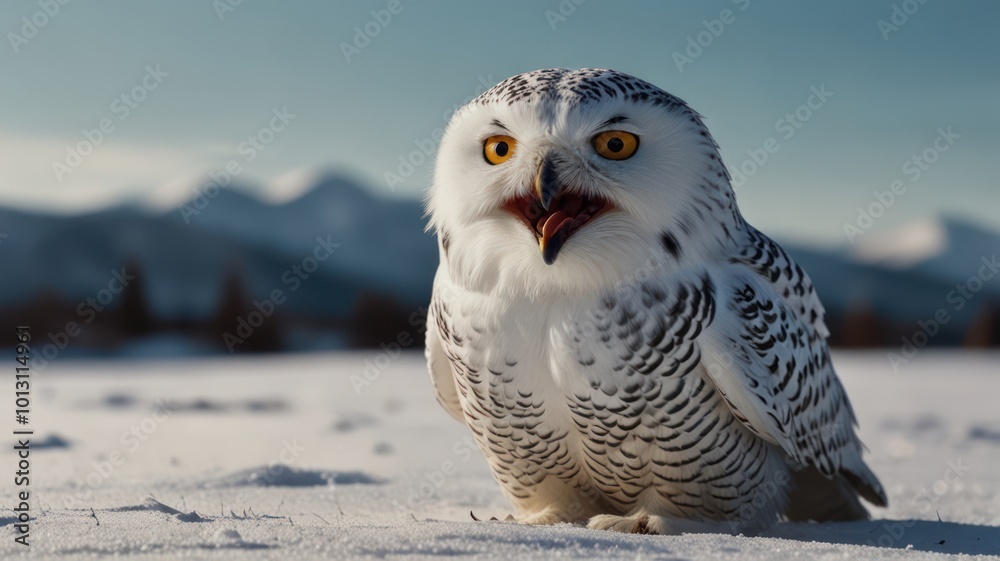 Fototapeta premium A snowy owl with its mouth open, perched on a snowy field with mountains in the background.