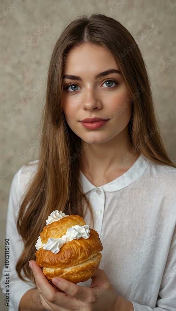 Woman with long hair holding a cream puff. Woman with long hair holding a cream puff.