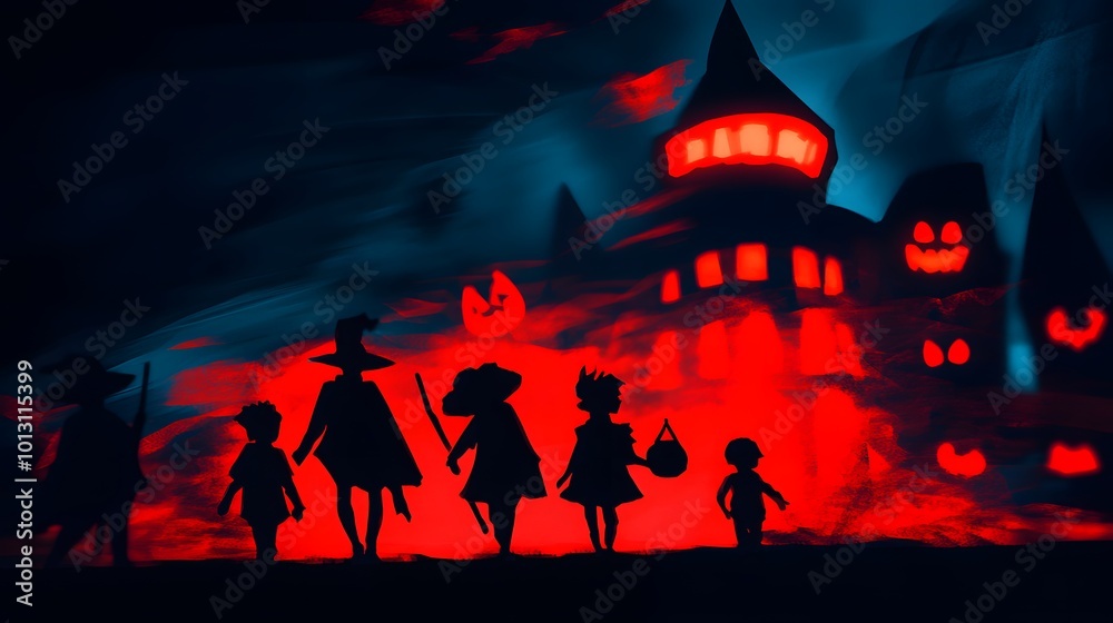 Silhouettes of children in costumes approaching a spooky castle at night. Silhouettes of children in costumes approaching a spooky castle at night.