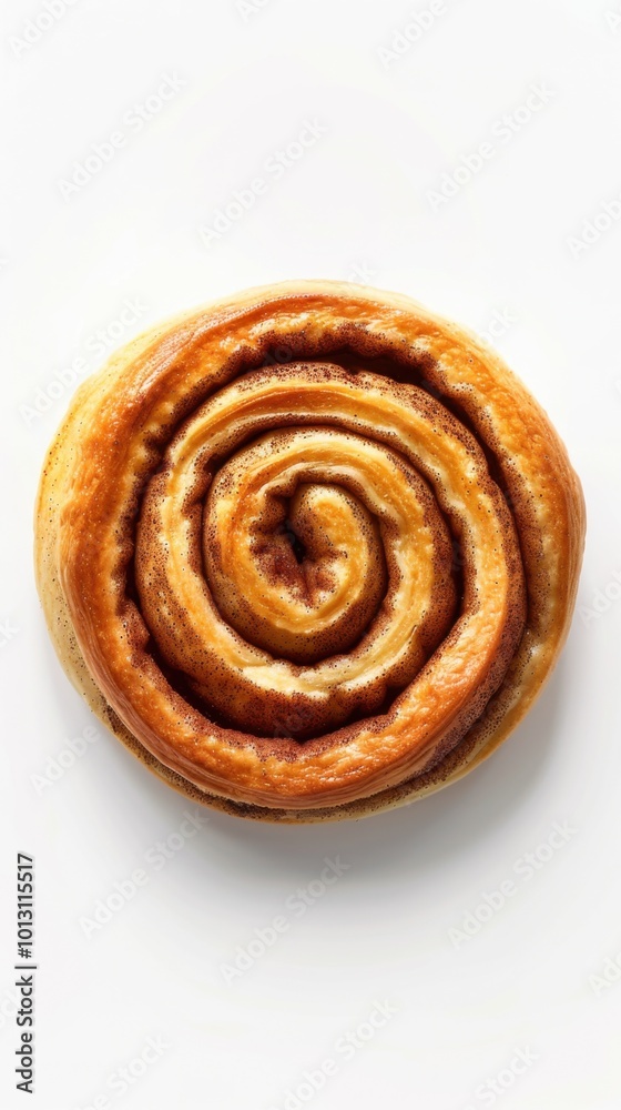 Freshly baked cinnamon roll, white background, 4K hyperrealistic photo
