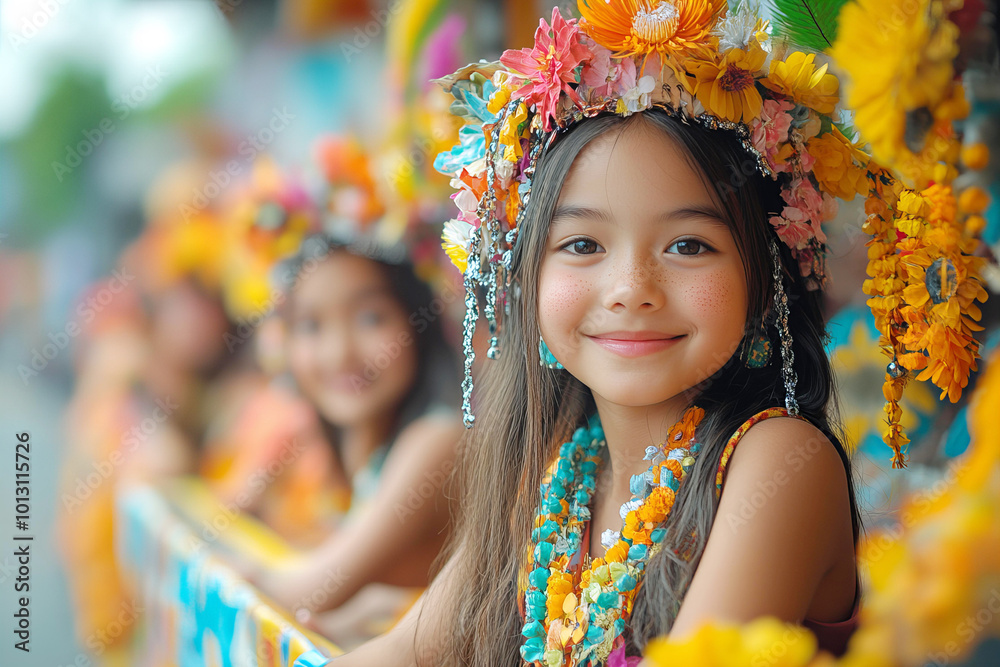 Fototapeta premium Smiling Asian girl with traditional headdress of colorful flowers.