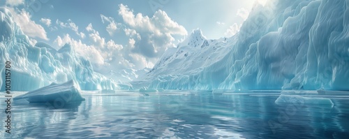 Iceberg alley where frozen monoliths drift lazily, 4K hyperrealistic photo