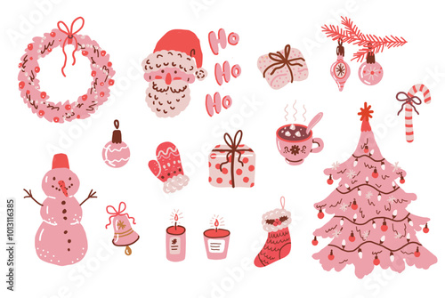 Pink Christmas. Vintage Christmas decoration, fir tree, wreath, and candles on white background. Cozy winter illustration.