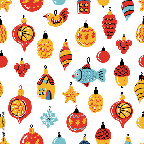 Vintage Christmas seamless pattern. Retro Christmas decoration on white background. Christmas bauble in the shape of pinecone, fish, acorn, star, bird.