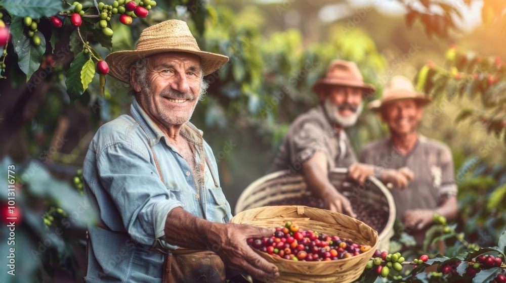 Modern brazilian farmers showing their harvest of coffee beans Modern brazilian farmers showing their harvest of coffee beans