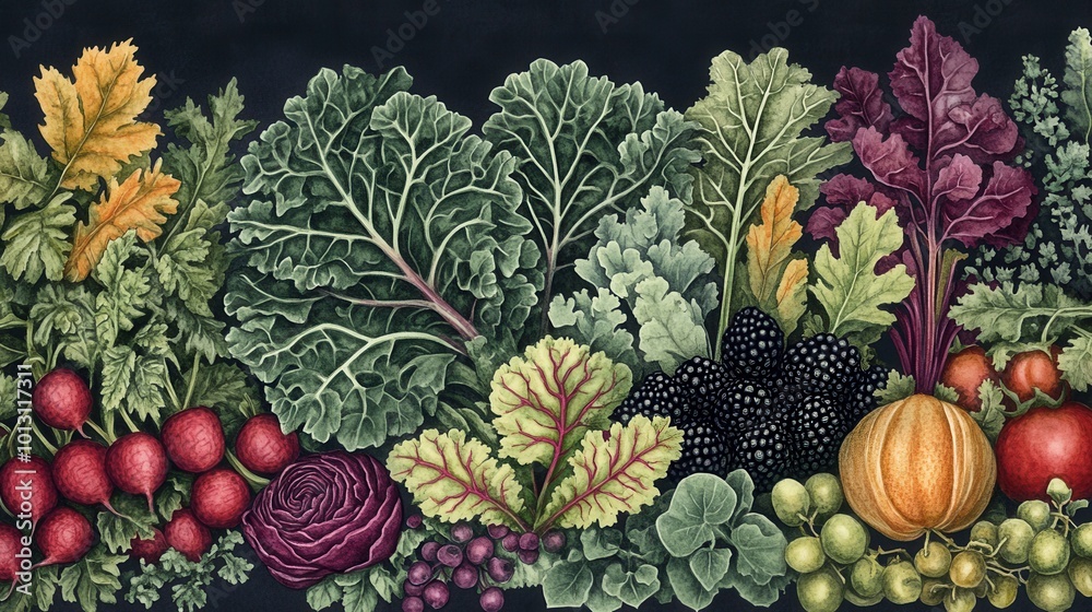 Detailed botanical drawing of vegetable harvest Detailed botanical drawing of vegetable harvest
