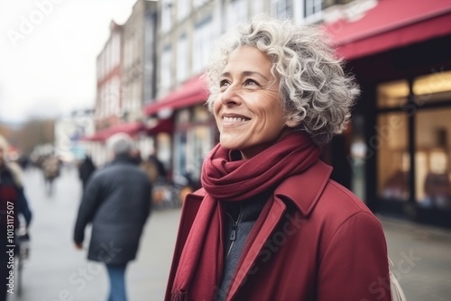 Portrait of happy senior woman in red coat walking in city street