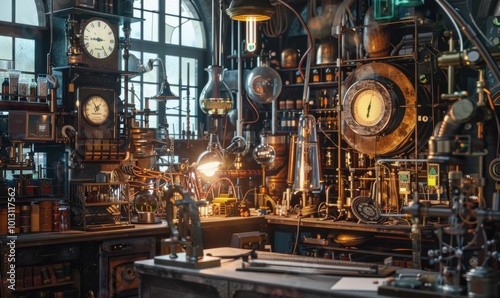 Clockwork laboratory of a mad scientist, 4K hyperrealistic photo