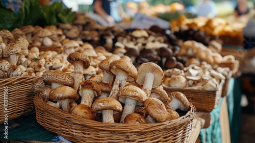 Farmers' market with mushrooms in various containers