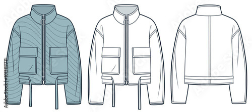 Down Jacket technical fashion Illustration. Light Quilted Jacket fashion flat technical drawing template, drawstring, pockets, zipper, front, back view, white, blue, women, men, unisex CAD mockup set.