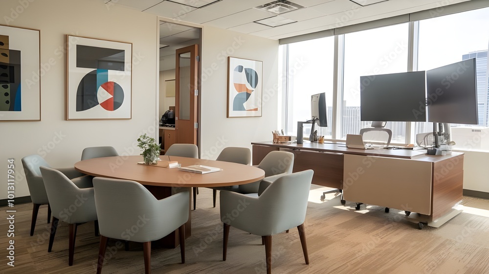 office interior with a meeting table and armchairs. There is a CEO's workplace with a large monitor, a laptop, and a few stationery items office interior with a meeting table and armchairs. There is a CEO's workplace with a large monitor, a laptop, and a few stationery items