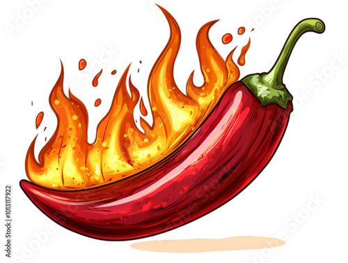 Long Red Chili Pepper on Fire, Vector Illustration, Isolated on White Background, Spicy Food and Heat Concept

