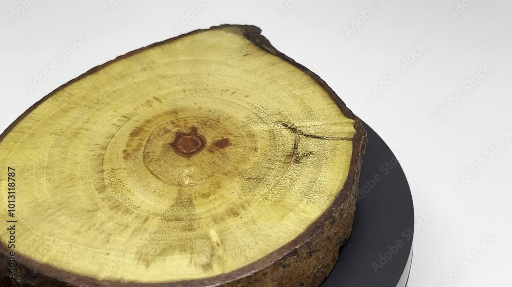 A cross-section of a wooden log displayed on a black surface. A cross-section of a wooden log displayed on a black surface.