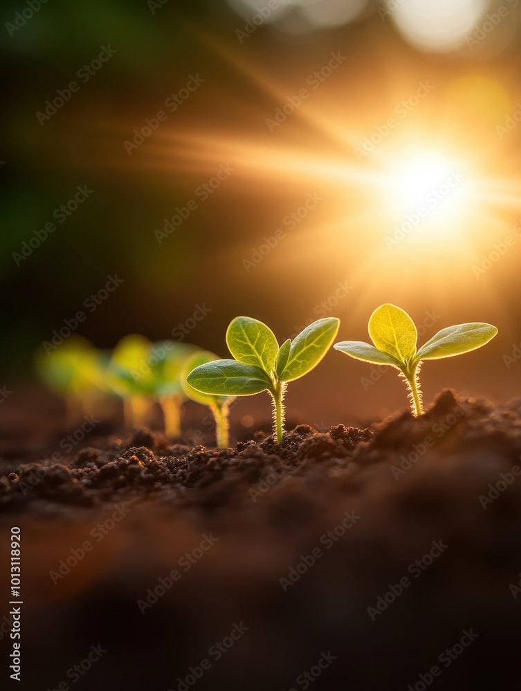 Peaceful Sunrise View of Small Plants Growing Peaceful Sunrise View of Small Plants Growing