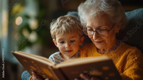 A heartwarming scene of a grandmother reading a storybook to her curious grandson, fostering a bond of love and knowledge. photo