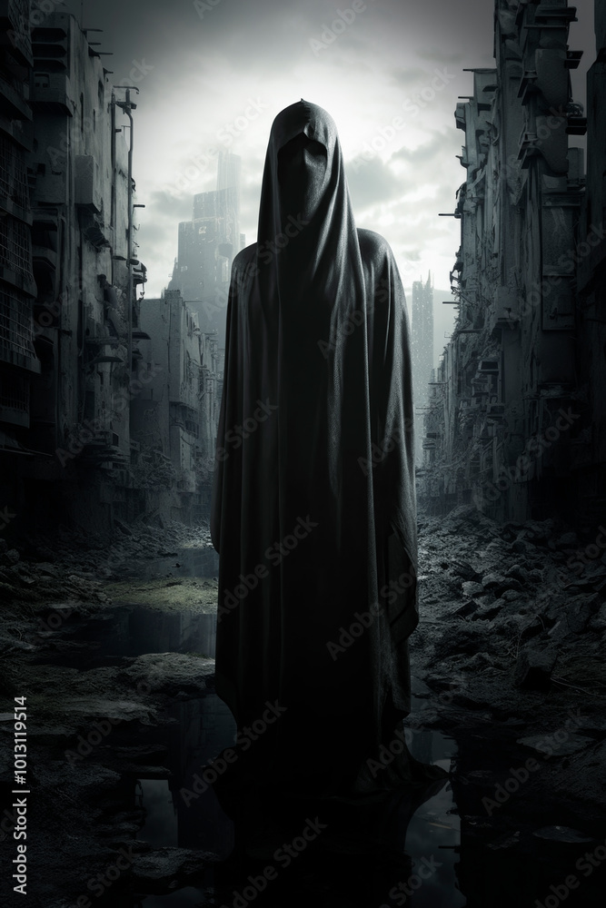 Grim reaper in black cloth standing over destroyed building in city with debris and collapsing, Ghost city Grim reaper in black cloth standing over destroyed building in city with debris and collapsing, Ghost city