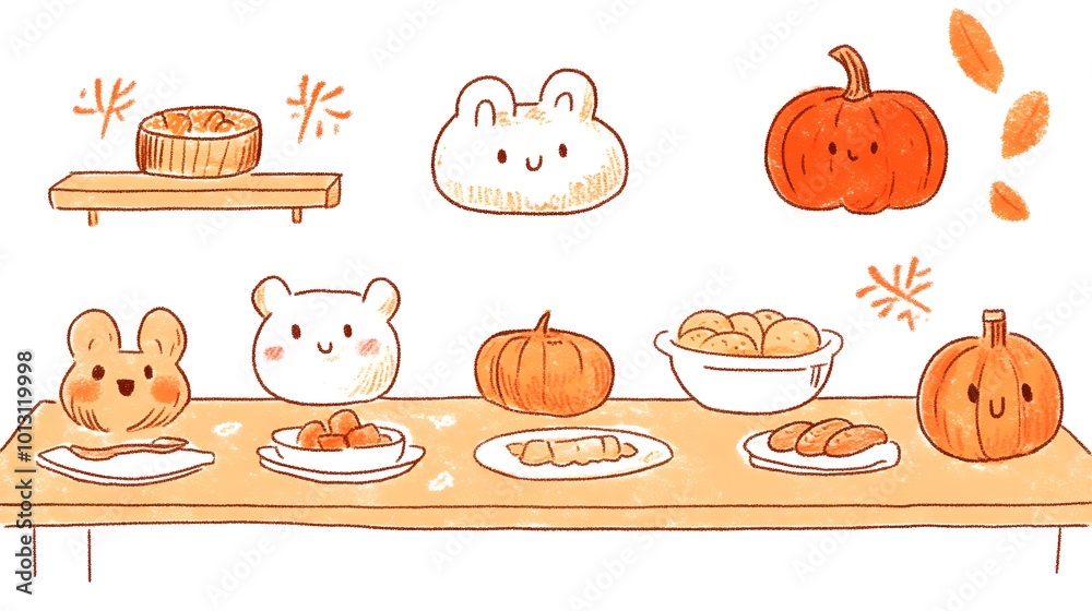 Cute illustrated animals and pumpkins set on a wooden table, evoking a playful fall atmosphere. Cute illustrated animals and pumpkins set on a wooden table, evoking a playful fall atmosphere.