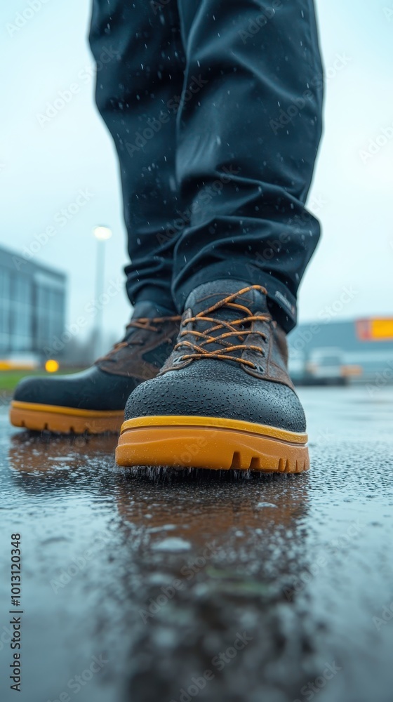 Person Wearing Anti-Slip Safety Shoe Outdoors Person Wearing Anti-Slip Safety Shoe Outdoors