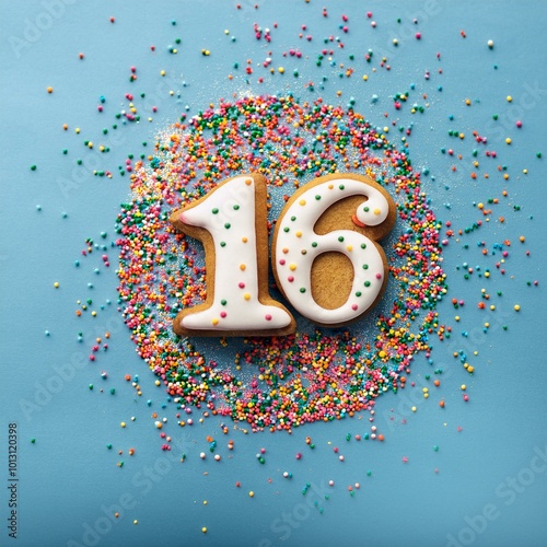 Decorated cookie, number 16, image for birthday or anniversary celebration