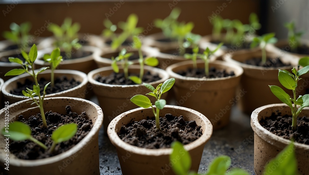 Young seedlings sprouting in biodegradable pots indoors. Young seedlings sprouting in biodegradable pots indoors.