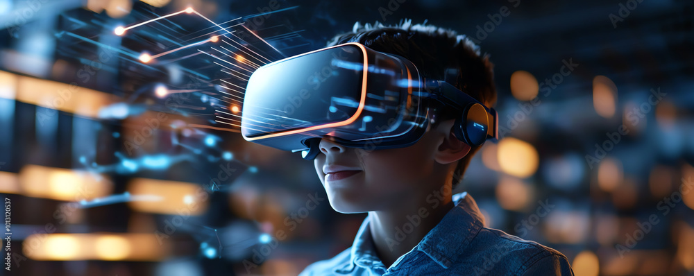 Child wearing VR headset, exploring virtual reality experience.