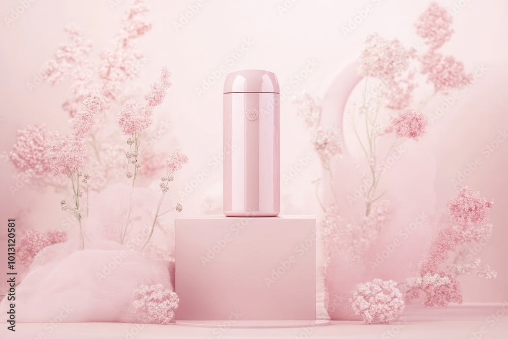 Glossy Pastel Pink Thermos on Podium Amid Delicate Floral Arrangement - Design for Print, Card, Poster Glossy Pastel Pink Thermos on Podium Amid Delicate Floral Arrangement - Design for Print, Card, Poster