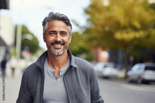 Portrait of handsome middle-aged man smiling in the street.