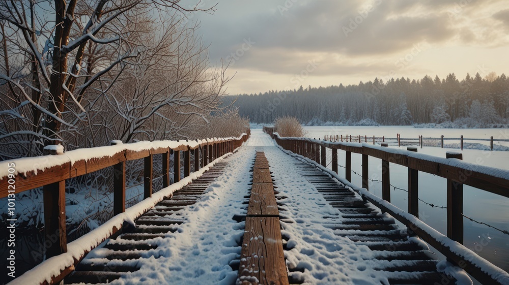 A wooden bridge covered in snow leads to a frozen lake and a snowy forest in the distance. The sun is setting, casting a warm glow on the scene. A wooden bridge covered in snow leads to a frozen lake and a snowy forest in the distance. The sun is setting, casting a warm glow on the scene.