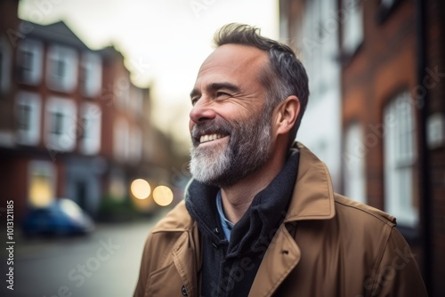 Portrait of a smiling middle-aged man in the city.