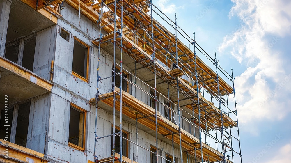 Constructing a Building with Scaffolding in Urban Cityscape
