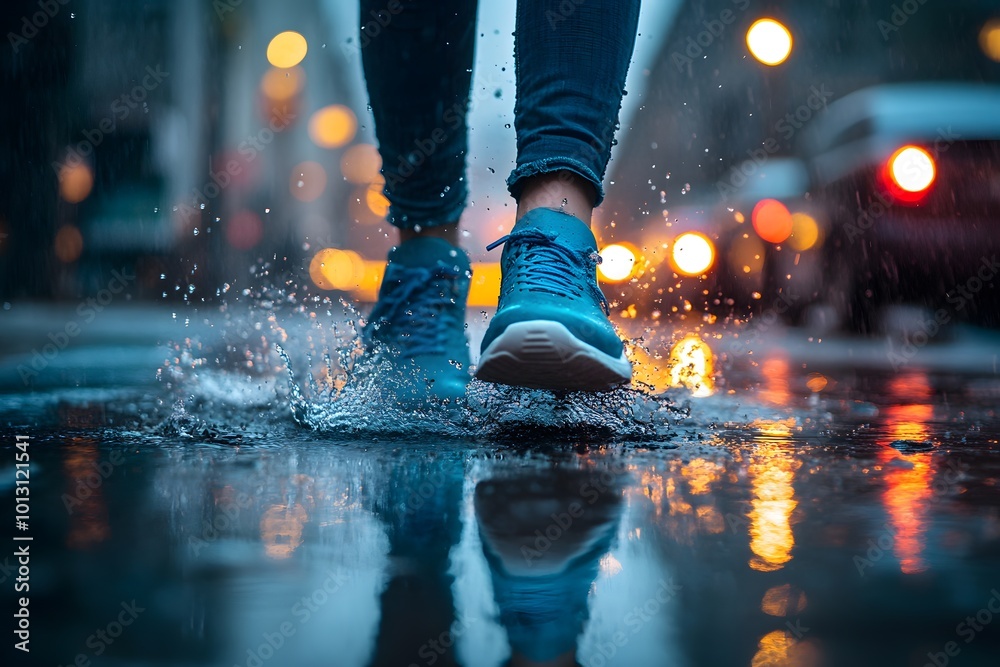Waterproof shoes on a rainy street Waterproof shoes on a rainy street